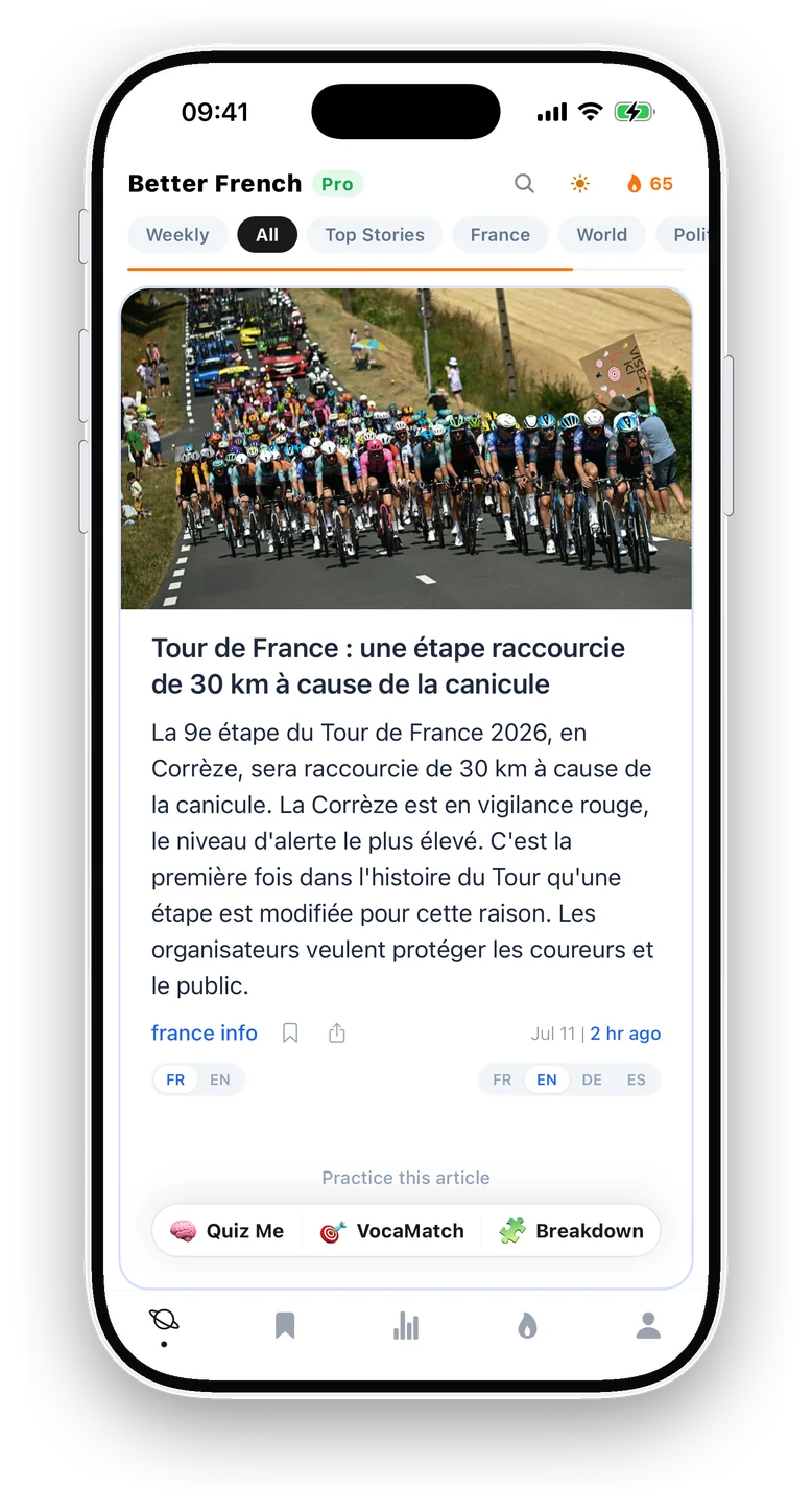 Better French: one of the day's French stories, rewritten in clear French, with its three games