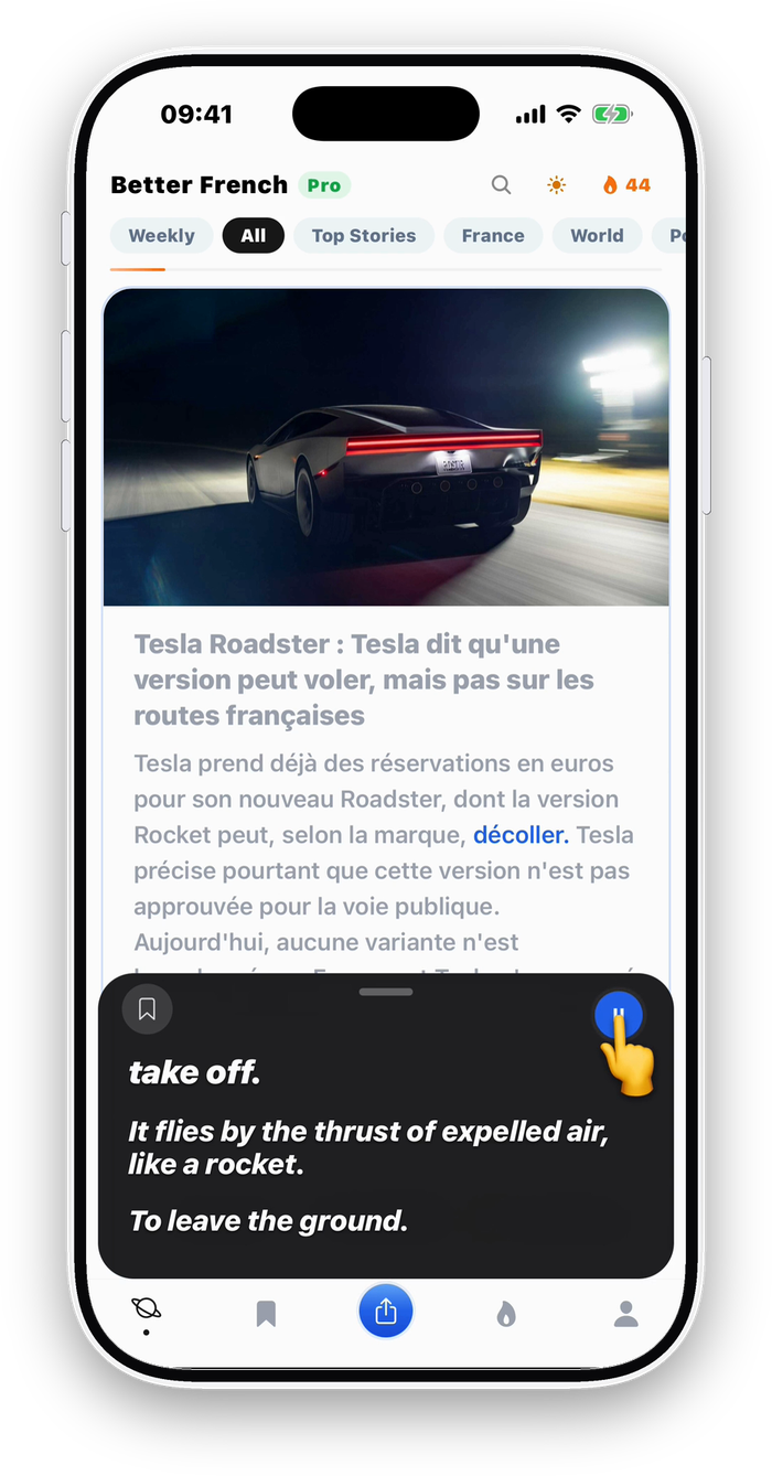 The Better French app on an iPhone: the Tesla Roadster story in French, with décoller tapped and the app's note open: take off, to leave the ground.