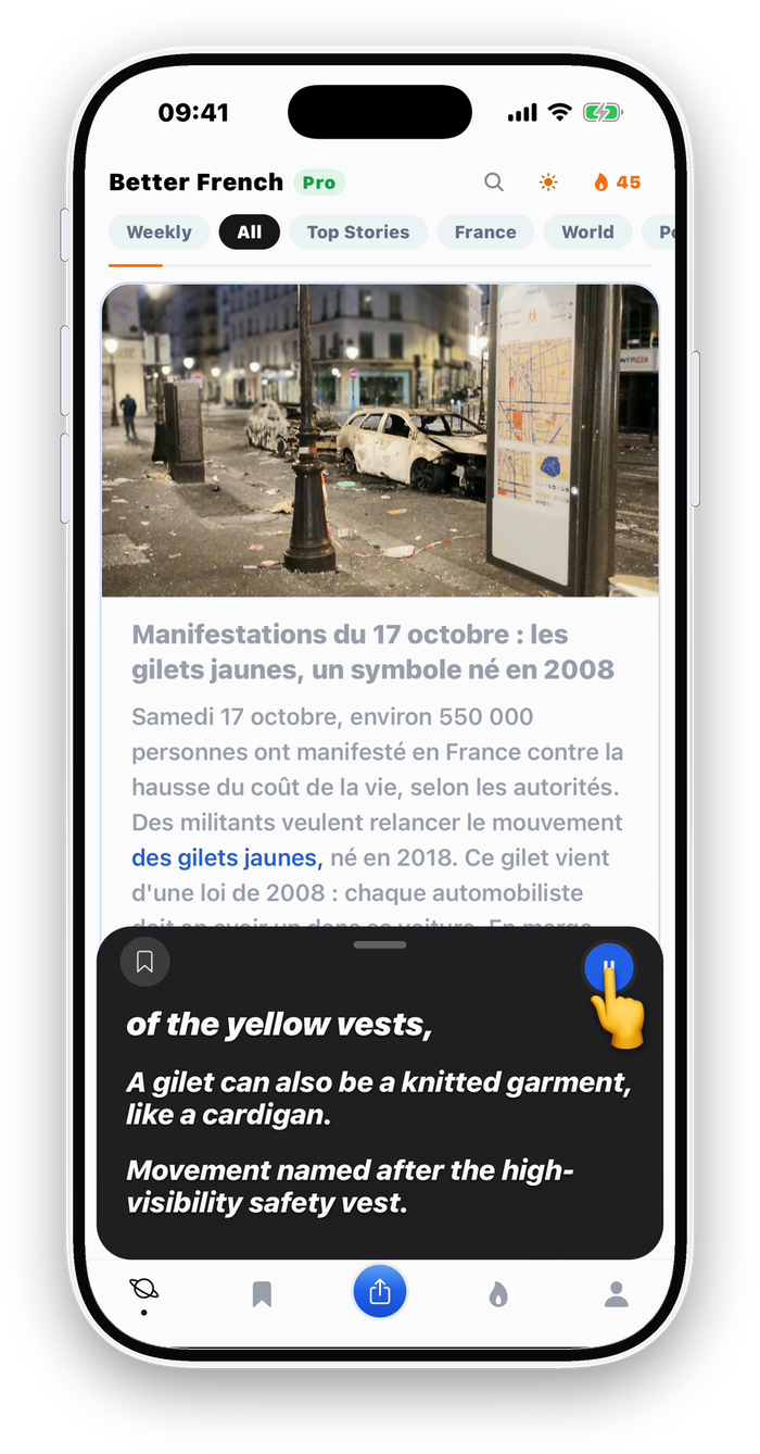 The Better French app on an iPhone: the story about the 17 October marches, with des gilets jaunes tapped and the app's note open: of the yellow vests, a movement named after the high-visibility safety vest.