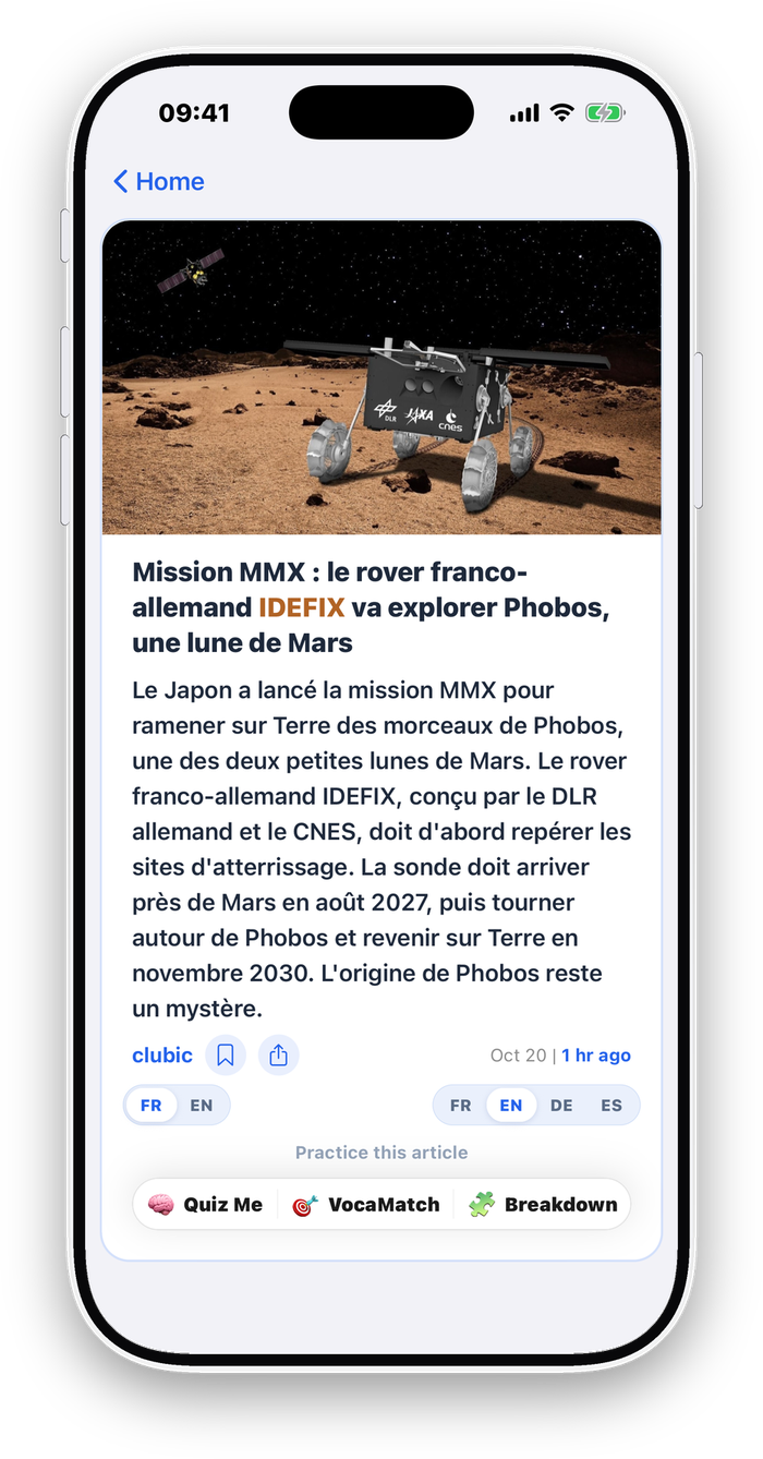 The Better French app on an iPhone: the story about the MMX mission, in French. The title reads: Mission MMX : le rover franco-allemand IDEFIX va explorer Phobos, une lune de Mars.