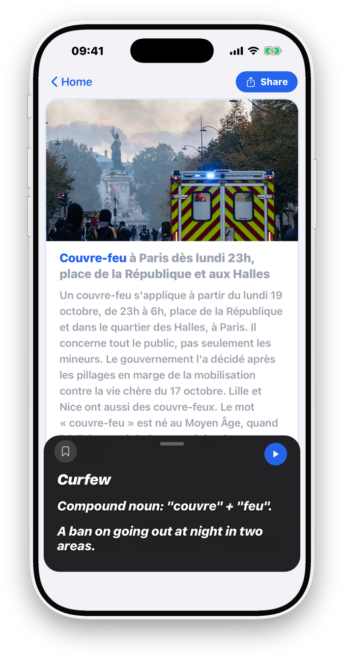 The Better French app on an iPhone: the story about the Paris curfew, in French, with the word card for couvre-feu open. It reads: Curfew. Compound noun: couvre + feu. A ban on going out at night in two areas.