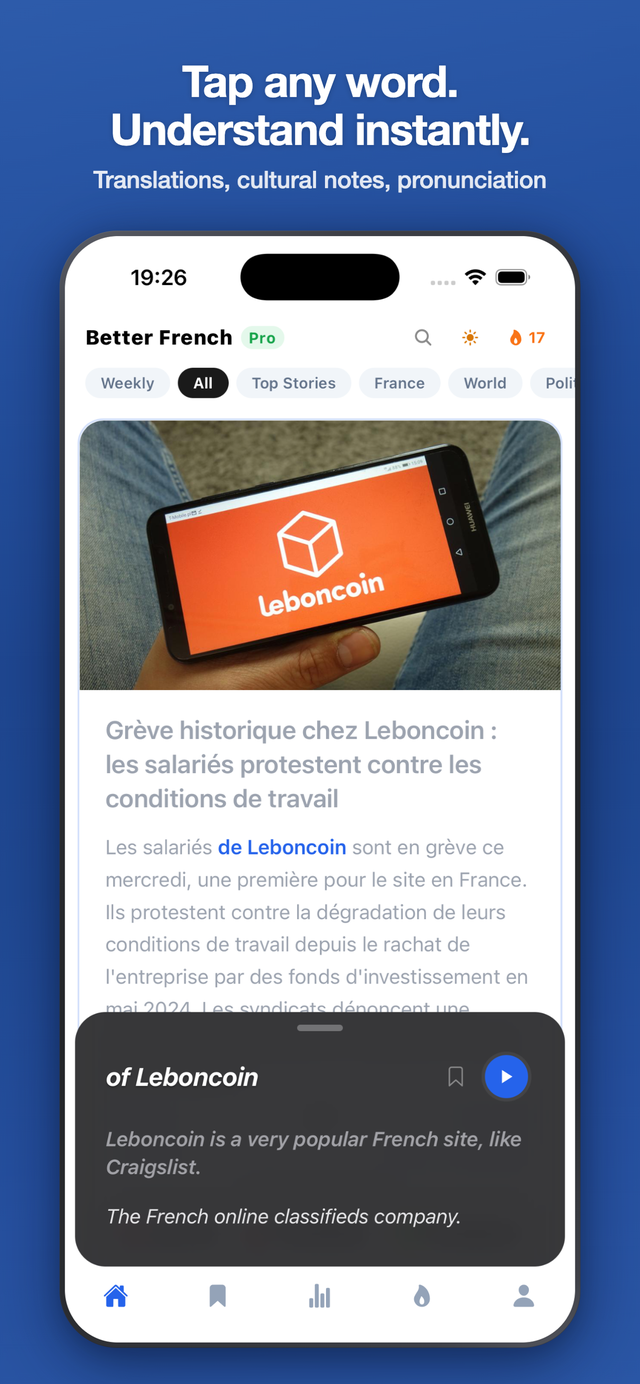 Better French app tap-to-translate feature highlighting a word in a news article